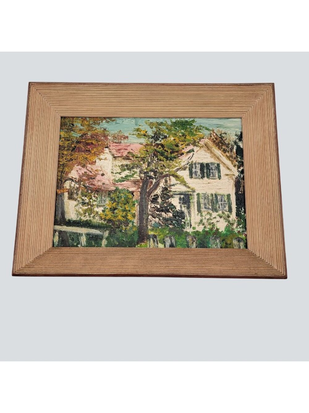 Signed Vintage Impasto Landscape House Painting On Board With Wooden Frame